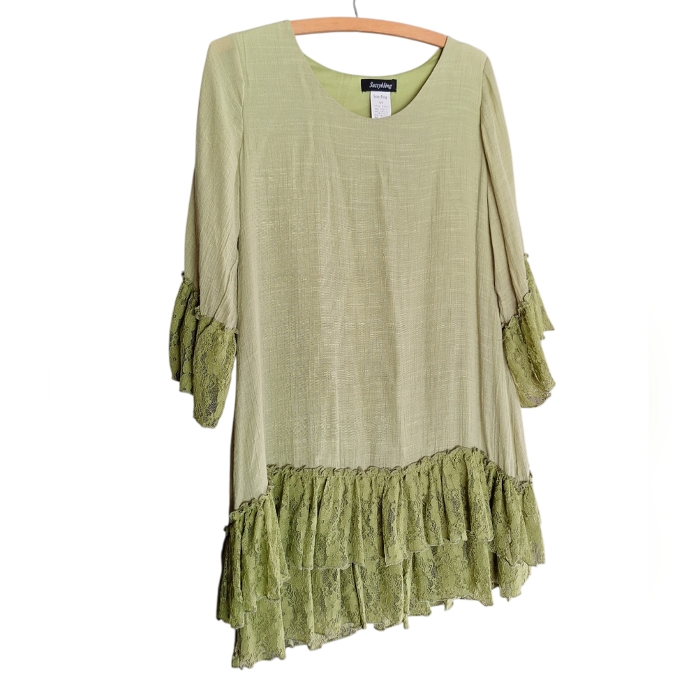 SASSY BLING GREEN Boho Lace Fairycore Longer Blouse Tunic Ladies Medium Festival